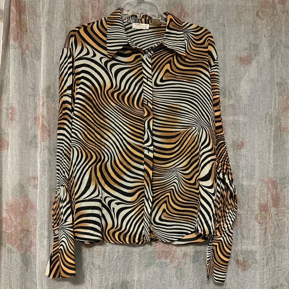 Multicoloured 80s Print Button Down Blouse with a Collar and Long Bell Sleeves